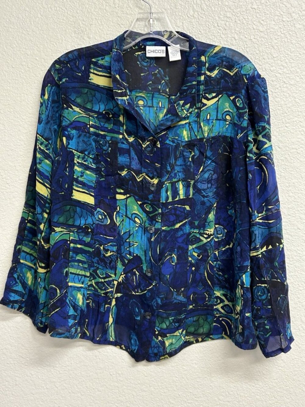 Chico's Blouse Women's Size 2 (Large) 100% Silk Blue Green Print Button Front